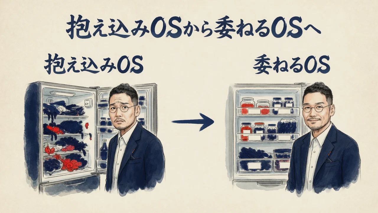 冷蔵庫に食材を無造作に置く抱え込みOSから、棚とラベルで整理する委ねるOSへの変化を描いた水彩図解