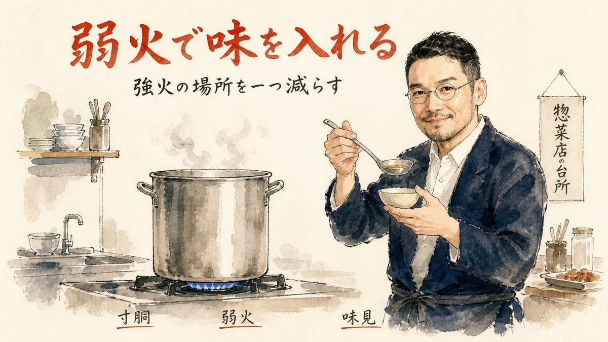 寸胴の前で弱火のまま味見をするひろくんコラム図解