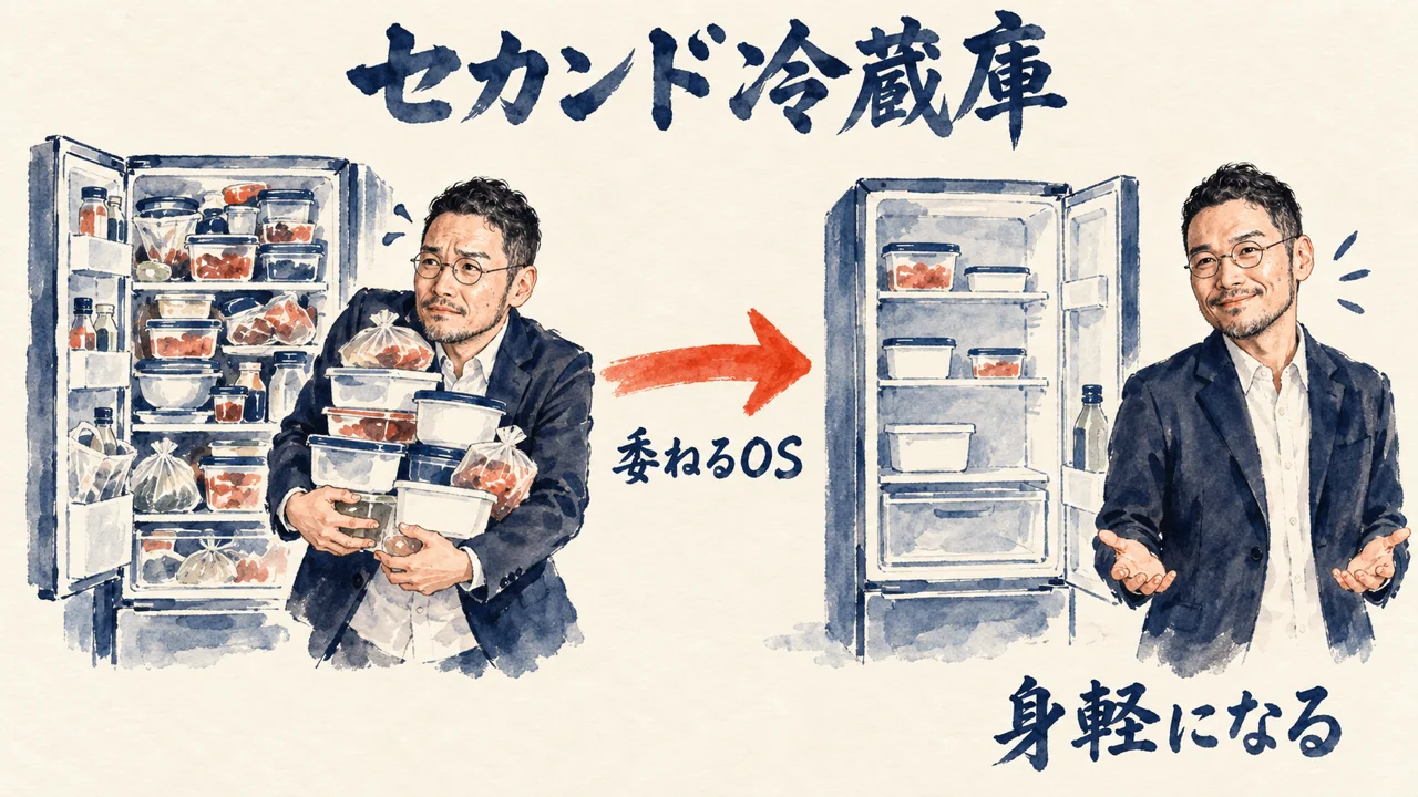 セカンド冷蔵庫に預けて身軽になるひろくんの図解