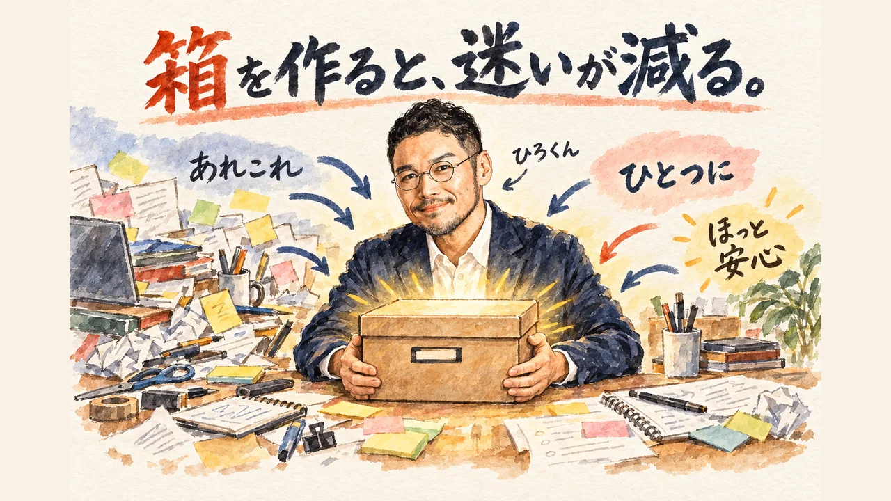 会社OSという一つの箱に情報が集まる様子を描いたコラム用グラレコ。ひろくんが登場する