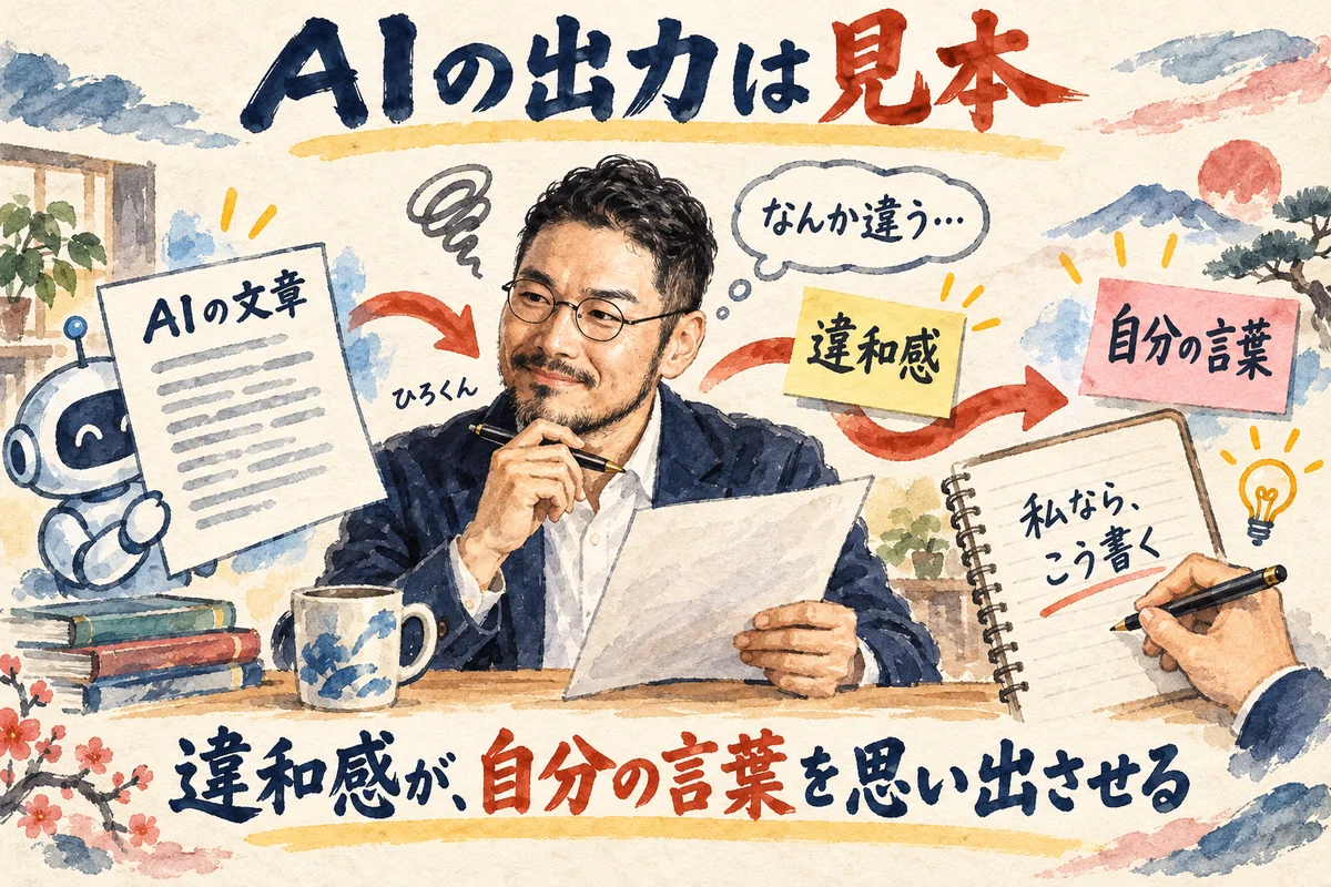 AIが書いた文章と手書きのメモ帳を見比べるひろくんを描いたコラム用グラレコ