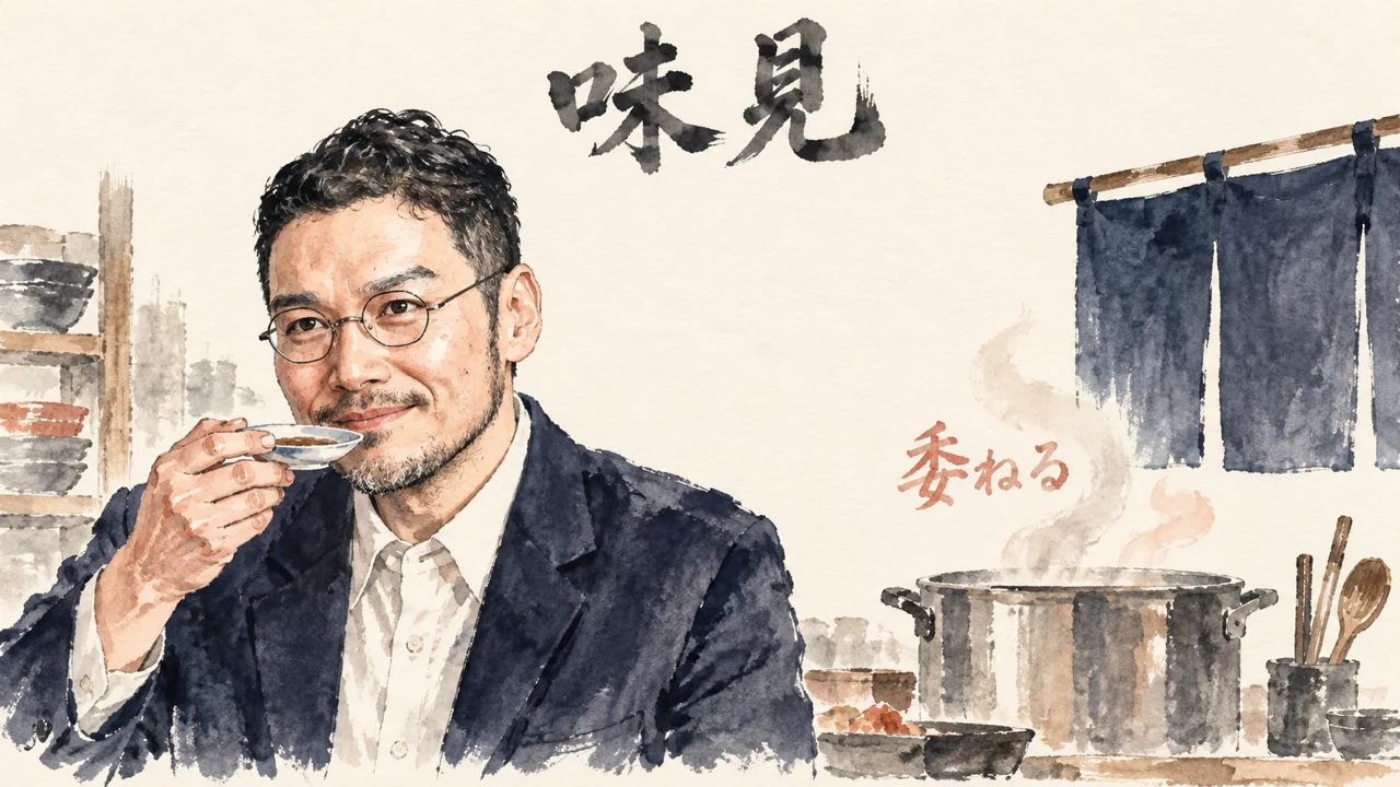 ひろくんコラム図解。惣菜屋の厨房で委ねても最後の味見はする場面