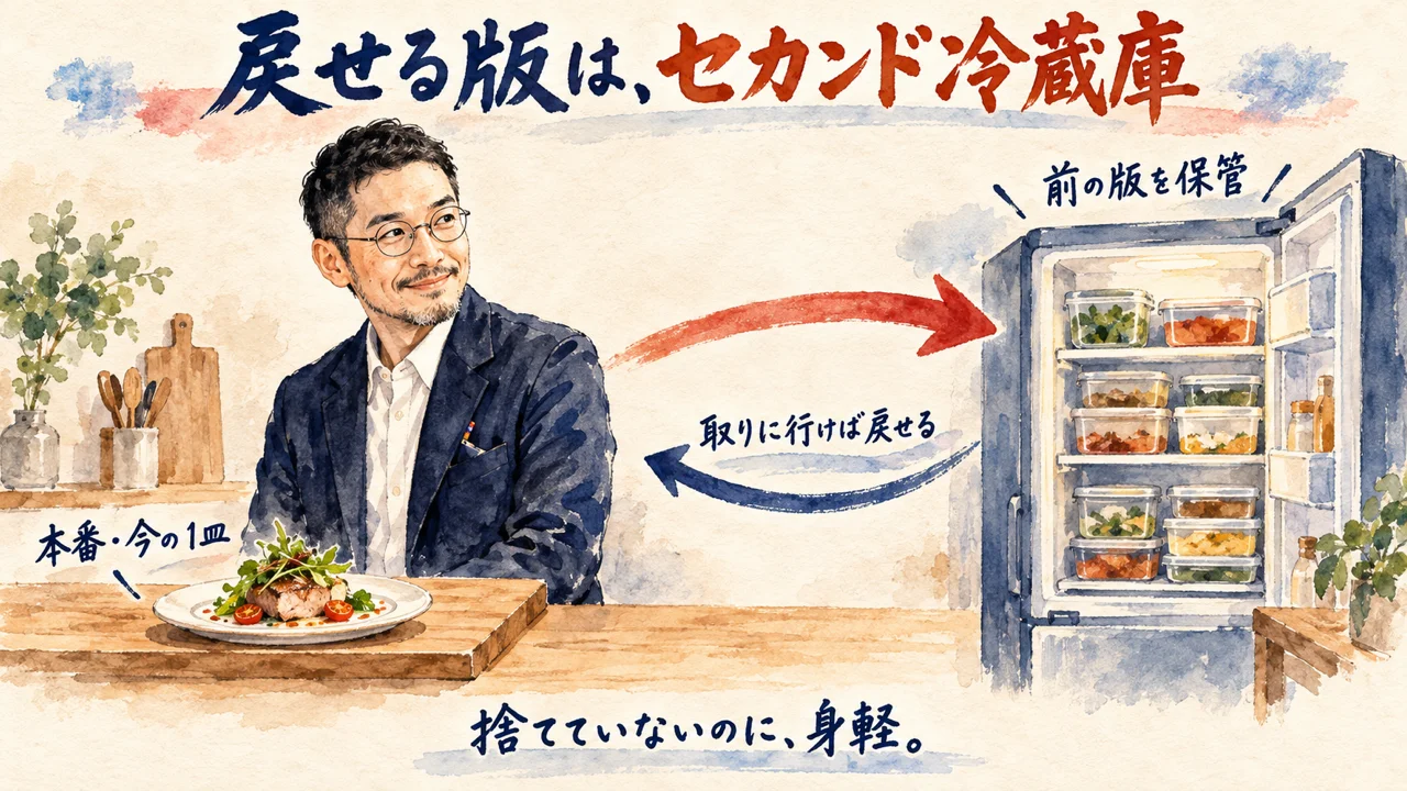戻せる版はセカンド冷蔵庫のようなものだとひろくんが料理に例えて示す図解