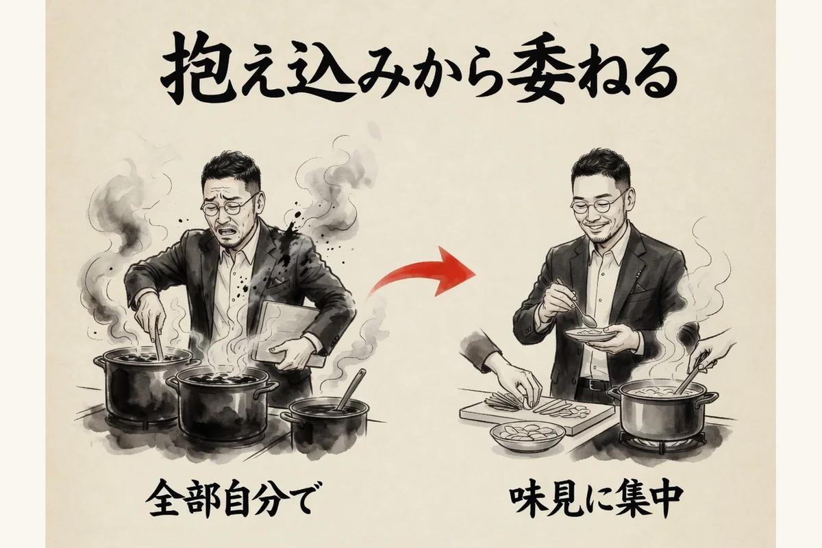 抱え込みOSから委ねるOSへの料理メタファー図解
