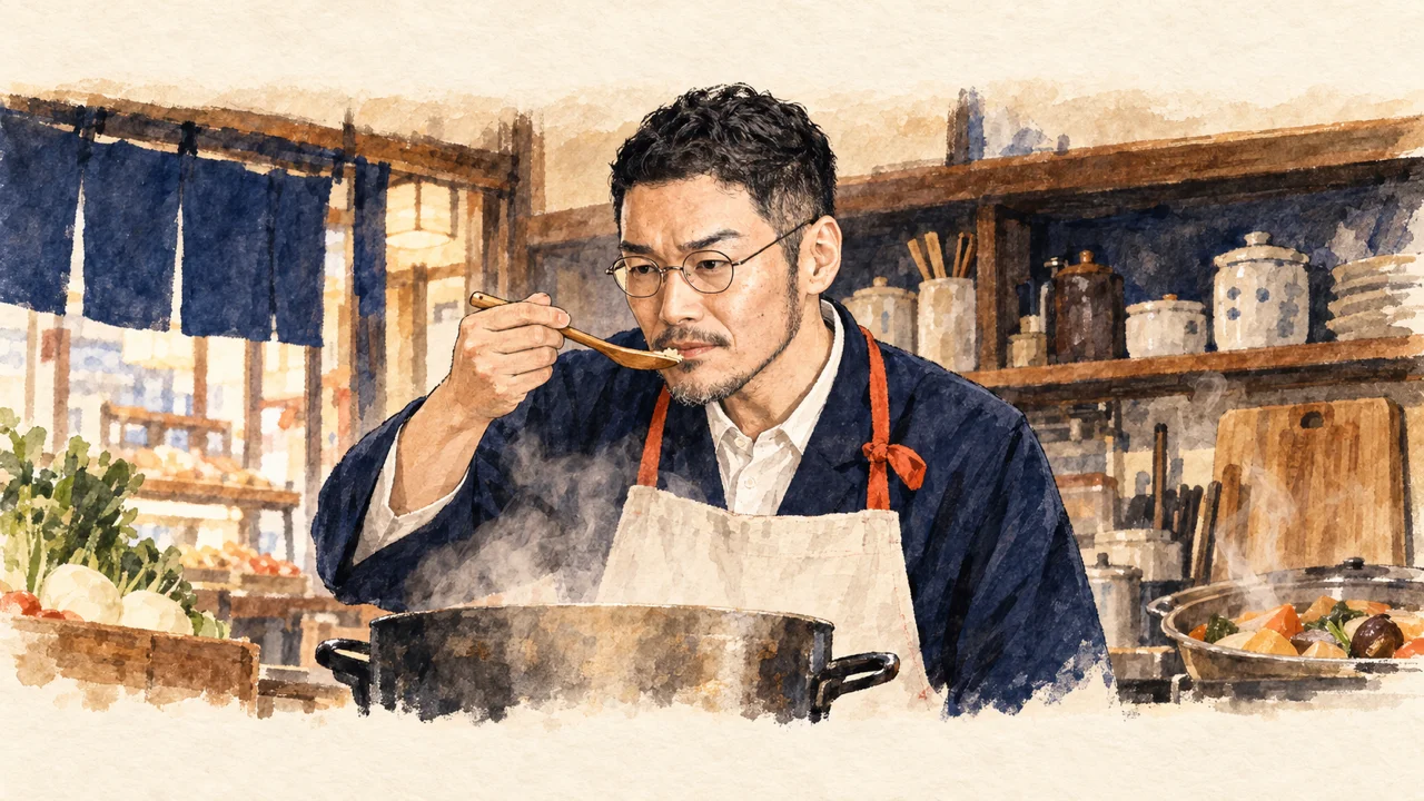 実家の惣菜屋で味見をするひろくんのイラスト