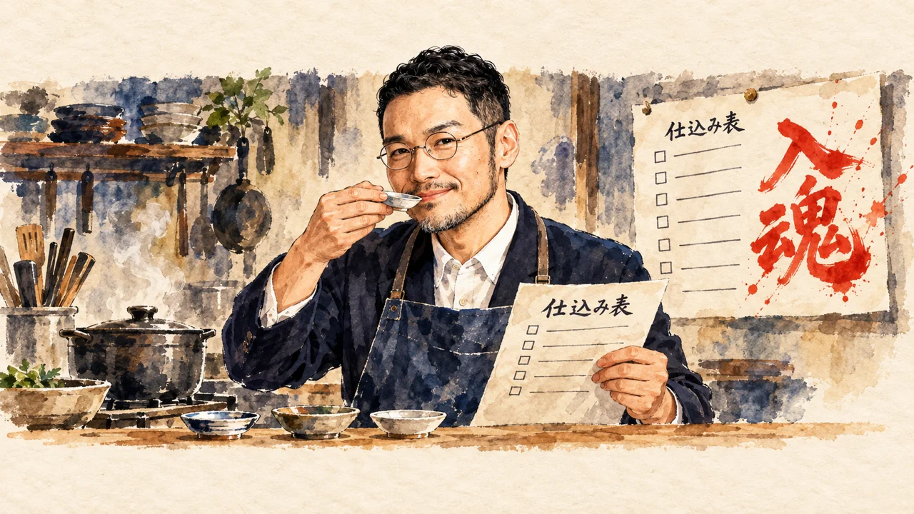仕込み表を手に、小皿で味見をするひろくん。壁の仕込み表には朱色で入魂と書かれている水彩イラスト