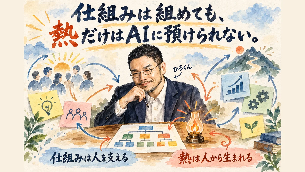 整った組織図と小さな炎のランプを静かに見つめるひろくんを描いたコラム用グラレコ