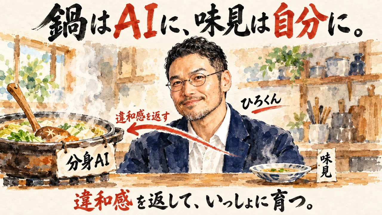 厨房で分身AIの鍋を任せつつ味見の舌は自分に残すひろくんの図解