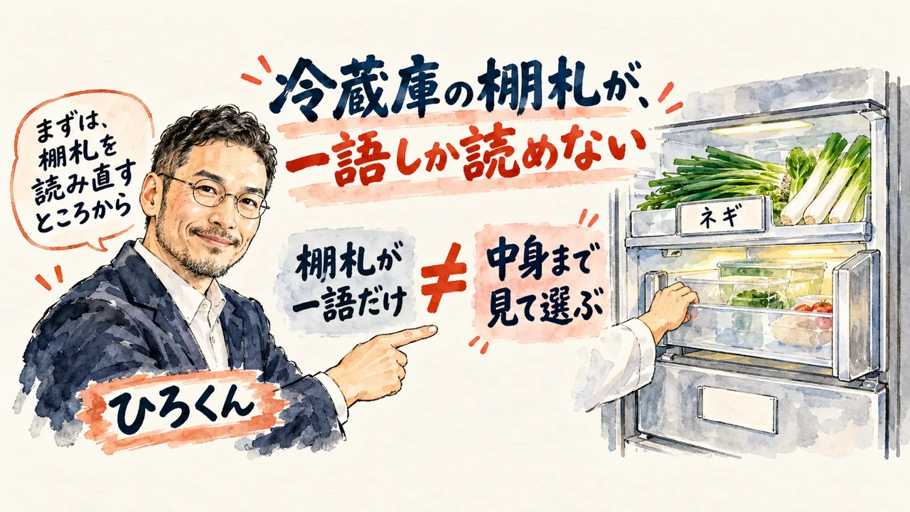 冷蔵庫の棚札が一語しか読めない例えを示した水彩イラスト