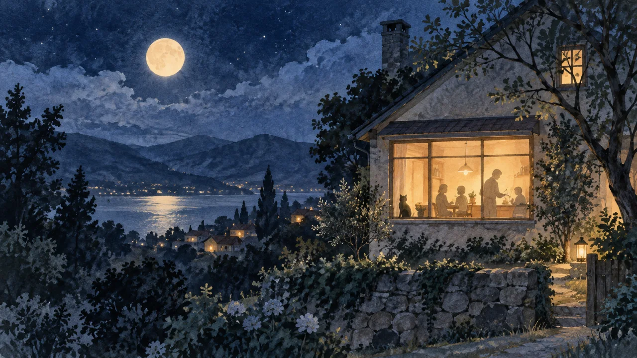 月夜の家の灯りに学びと愛と感謝を重ねた水彩画