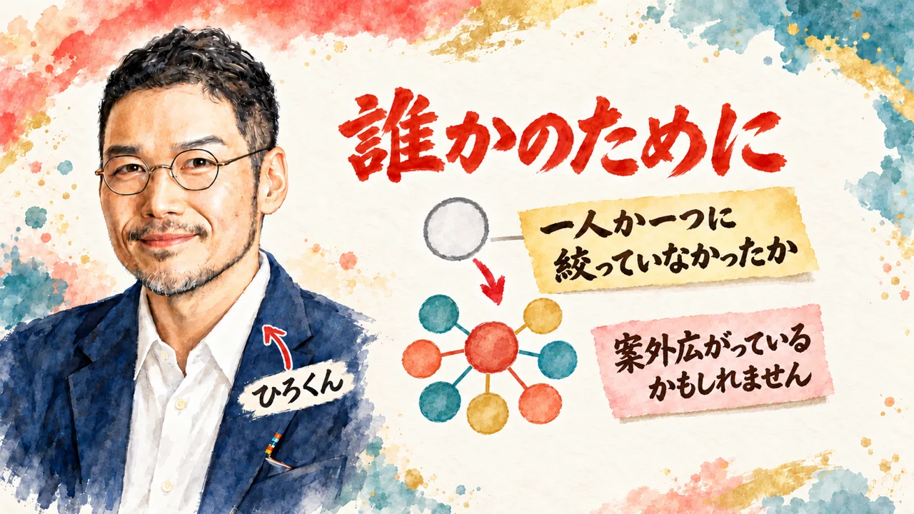 水彩で描いたひろくんの肖像。付箋「一人か一つに絞っていなかったか」と、中心の丸から七つの丸が広がる図、付箋「案外広がっているかもしれません」。題字は「誰かのために」