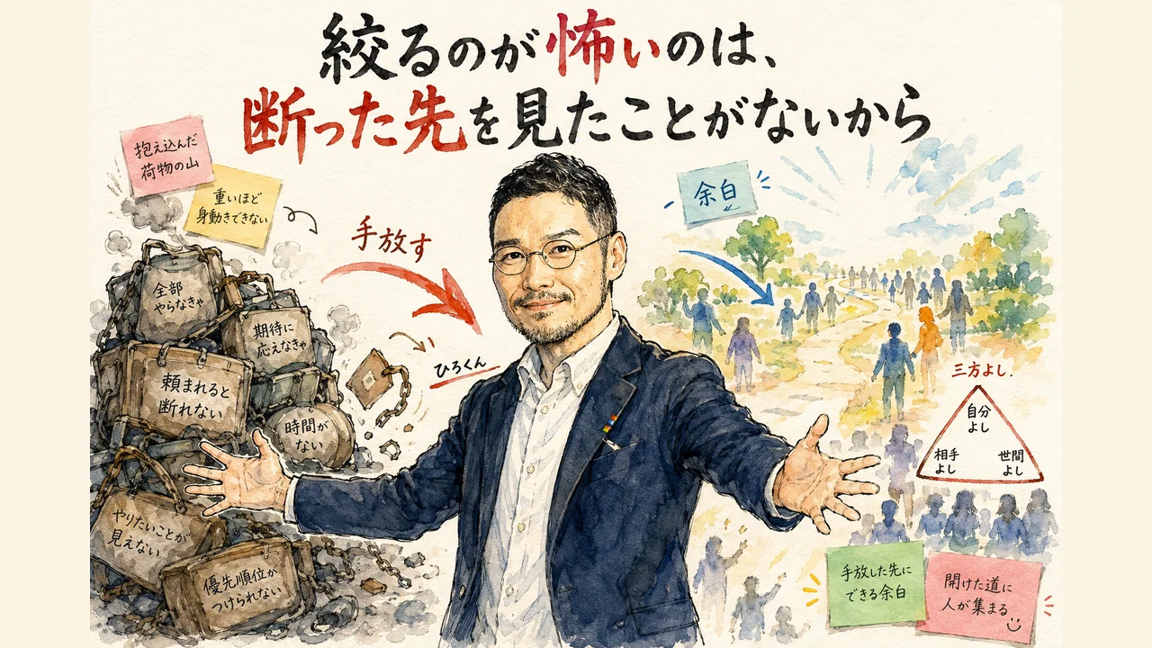 絞るのが怖いのは断った先を見たことがないから、というひろくんのコラムのグラフィックレコーディング