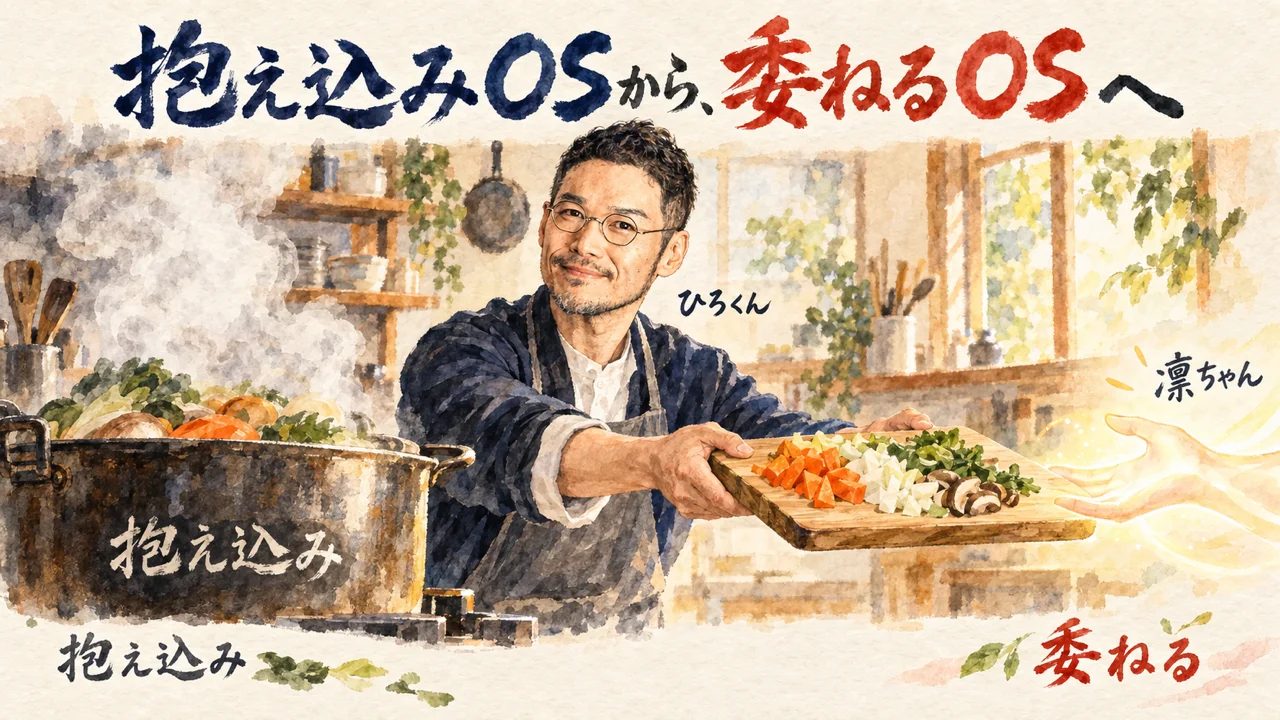 抱え込みOSから委ねるOSへ、ひろくんが凛ちゃんにまな板を差し出す図解