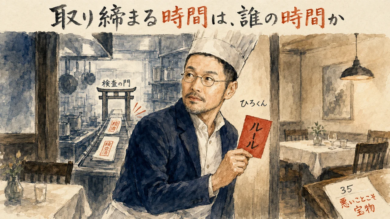 シェフ帽のままホールでルールの札を持つひろくん。厨房の検査の門と、宝物の35