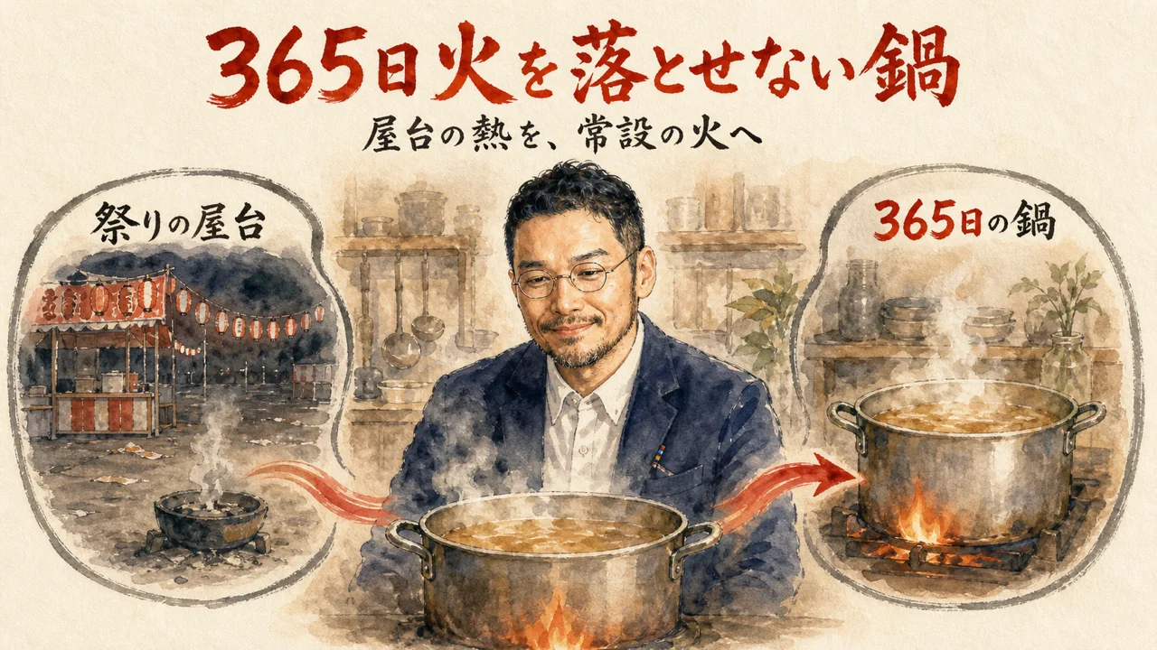 祭りの屋台と365日火を落とせない鍋の違いを描くひろくんコラム図解