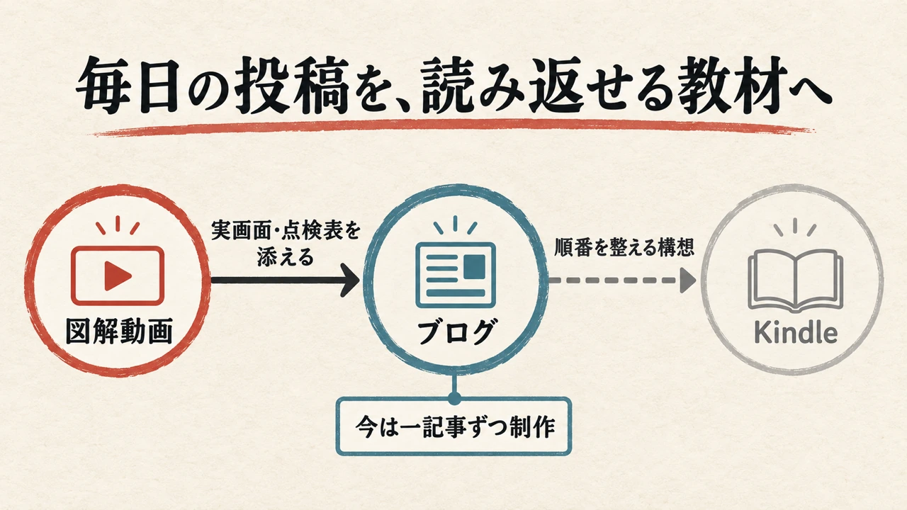 毎日の投稿から図解動画、実キャプチャ入り記事、読み返せる教材へ内容をつなぐ図解。Kindle出版は今後の計画。