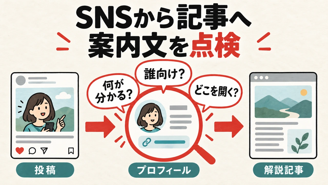 SNSプロフィールから記事へつなぐ案内文の点検を示す図解