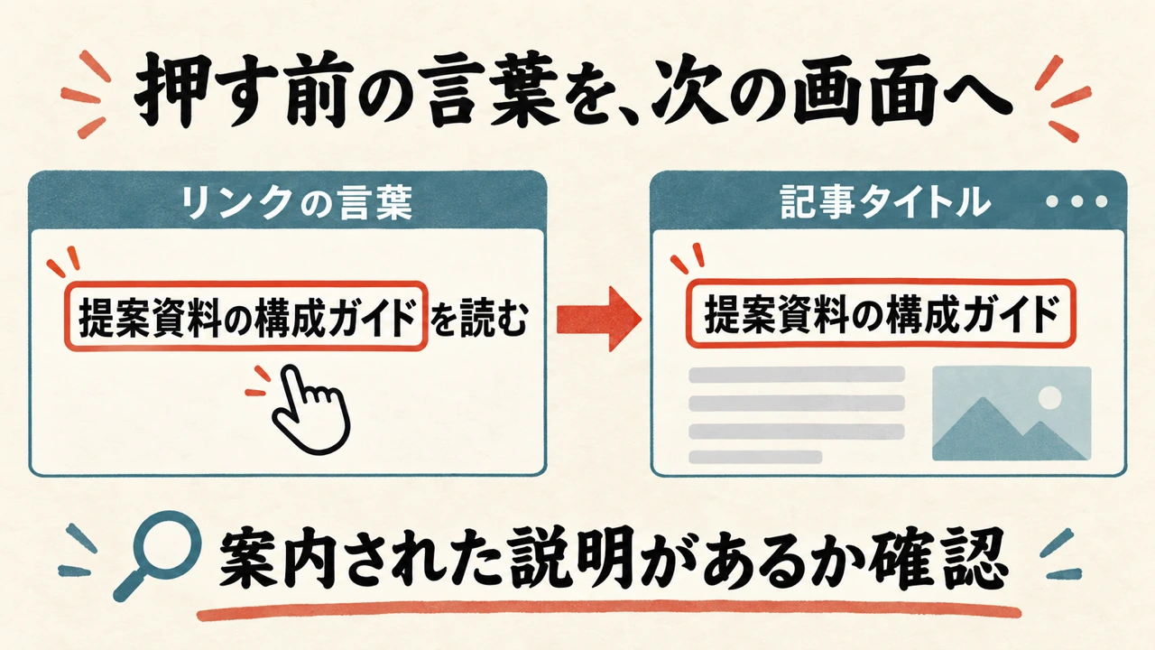 押す前の言葉を、次の画面へ。SNS投稿からプロフィール、対応記事へ読み進める案内を点検する図解