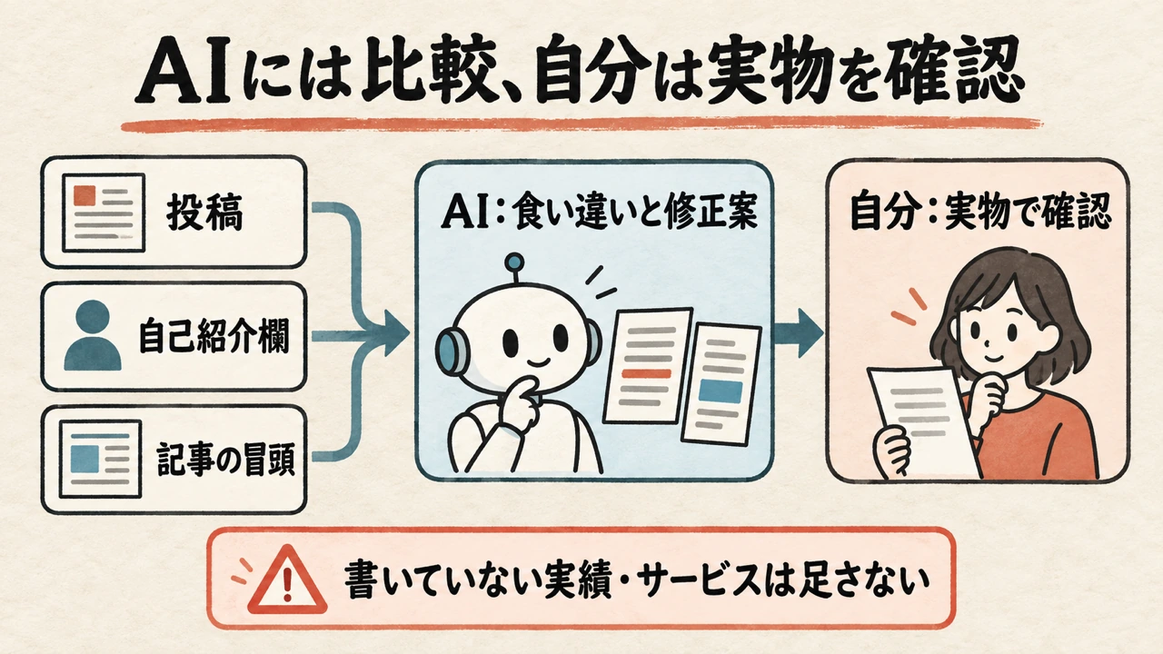 AIには比較、自分は実物を確認。SNS投稿からプロフィール、対応記事へ読み進める案内を点検する図解