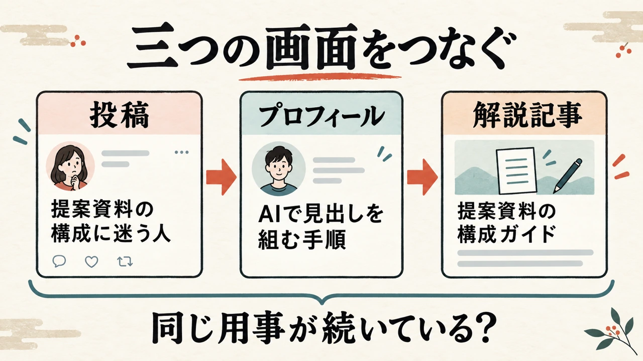 三つの画面をつなぐ。SNS投稿からプロフィール、対応記事へ読み進める案内を点検する図解