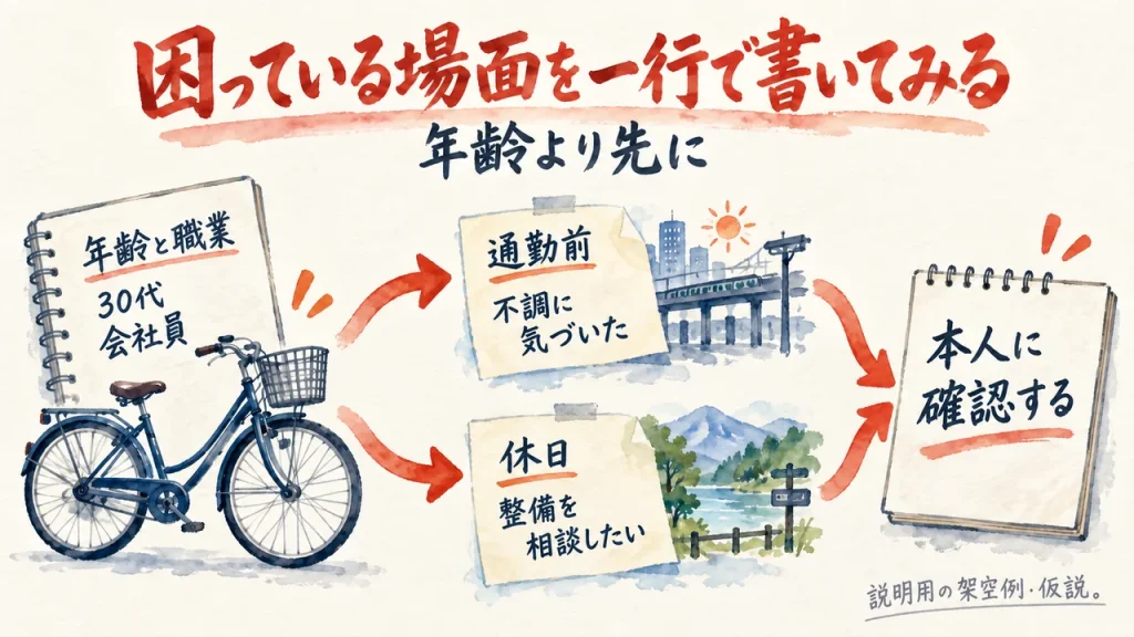 困っている場面を一行で書いてみる。年齢より先に場面を考える第3回の図解