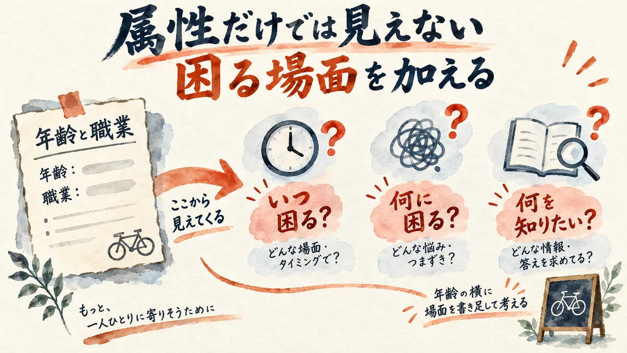 年齢と職業のメモに、いつ・困りごと・確認したい情報を書き足す図