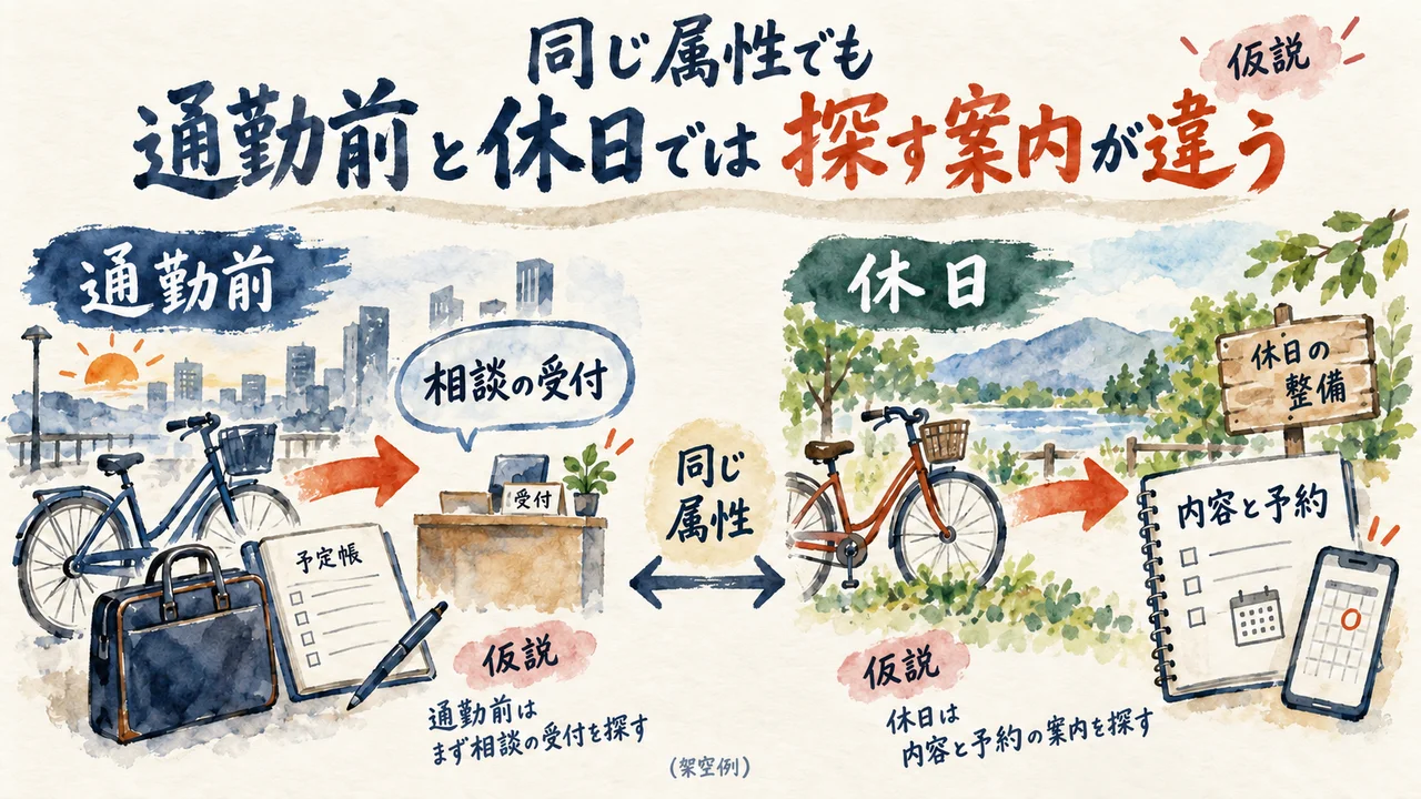 架空の自転車店で通勤前の受付案内と休日の相談内容・予約を分ける仮説