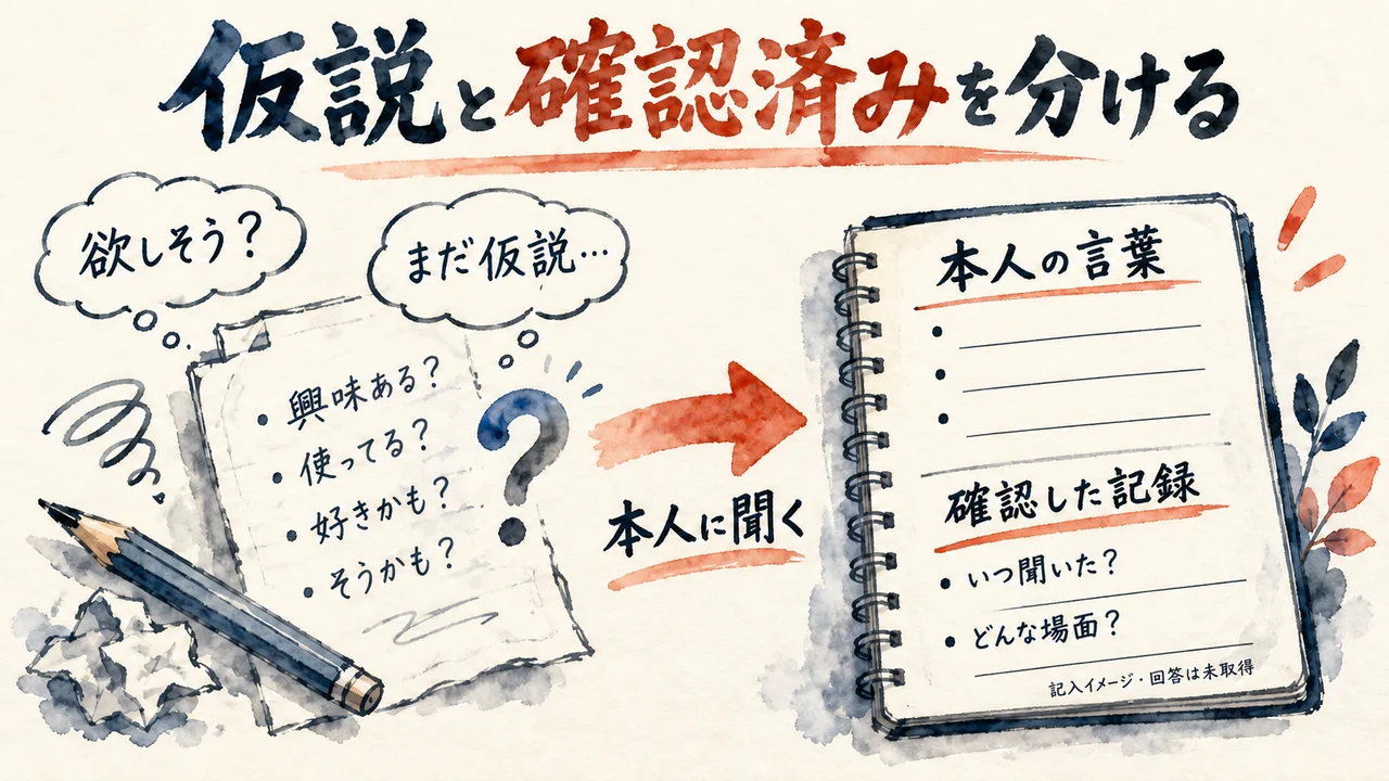 仮説と本人から確認した言葉を別々に記録する図。回答欄は未記入