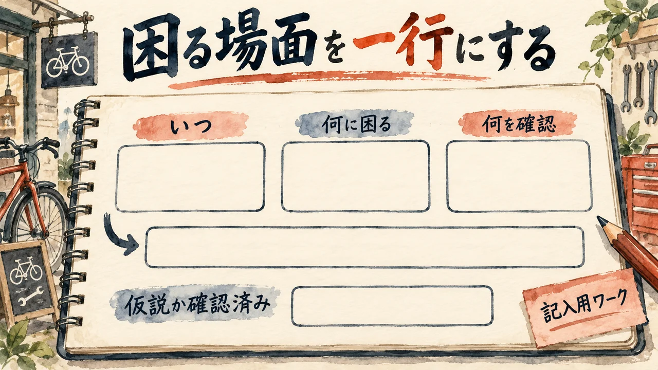いつ・何に困る・何を確認するかを一行にまとめる記入用ワーク