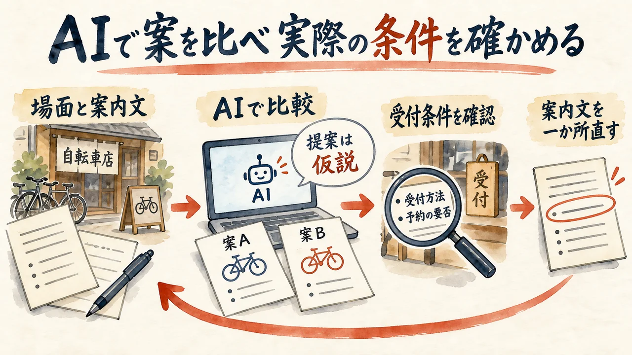 場面と実際の案内文をAIで比べ、実際の条件を確認して一か所直す流れ