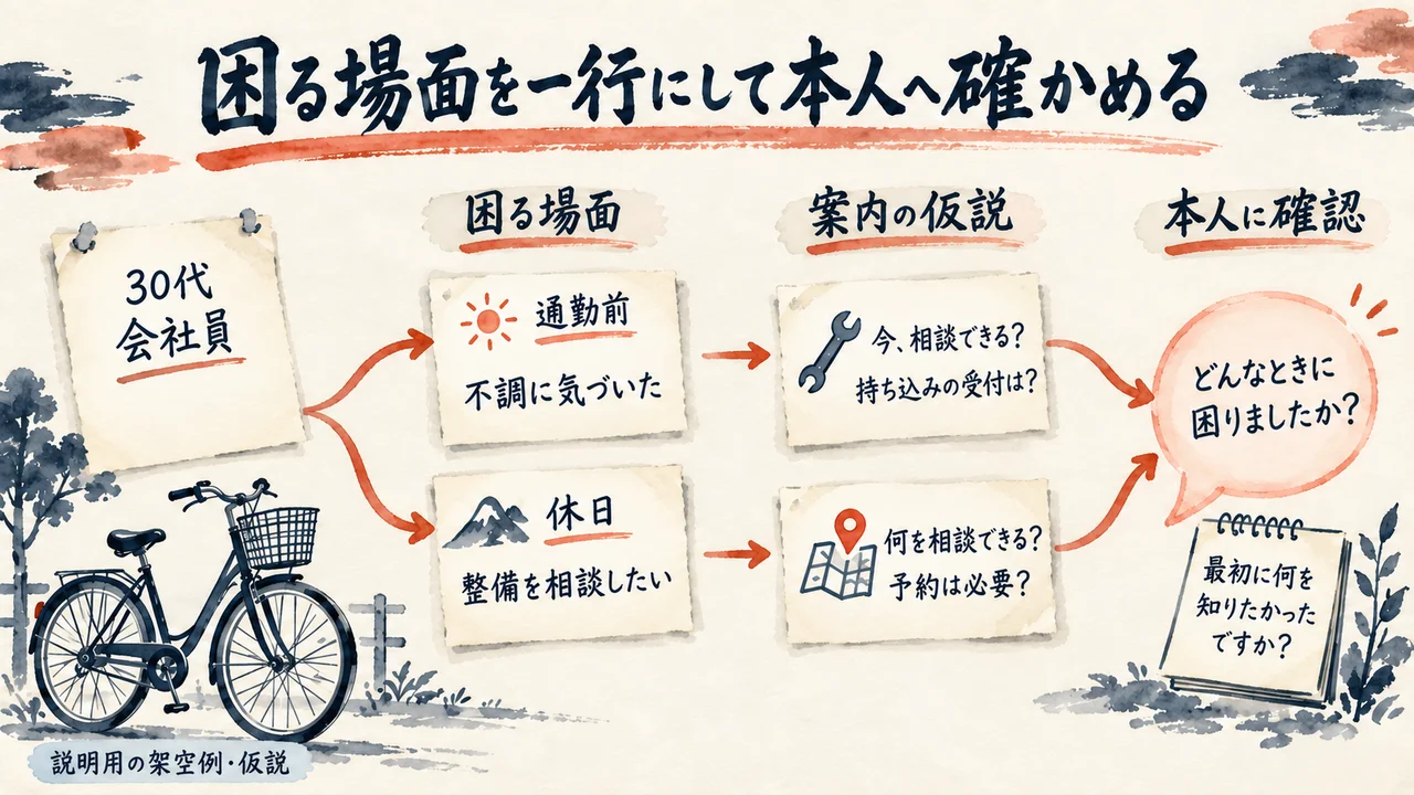 属性に場面を加え、必要そうな案内を仮説として本人へ確かめる全体図