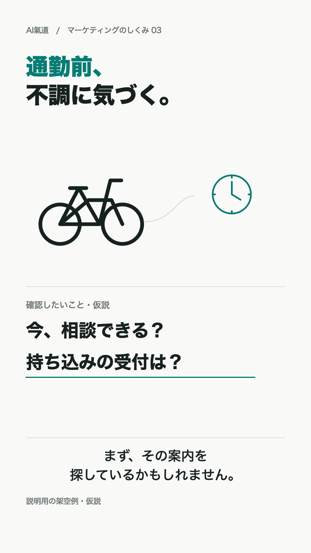 通勤前に必要な受付の案内を示す仮説。第3回動画の実キャプチャ