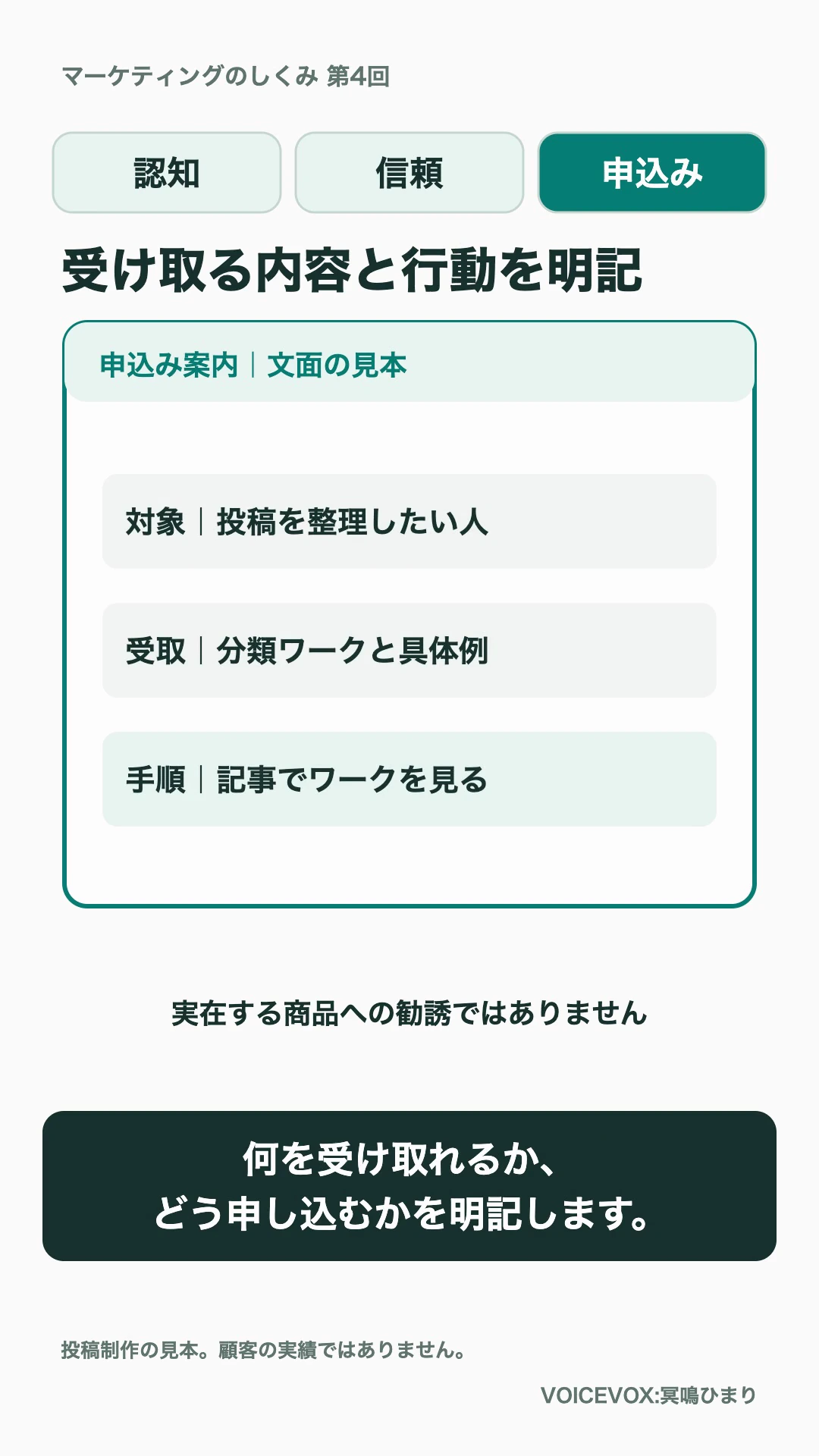 申込みの投稿：対象・受取内容・申込み手順を明記する制作見本