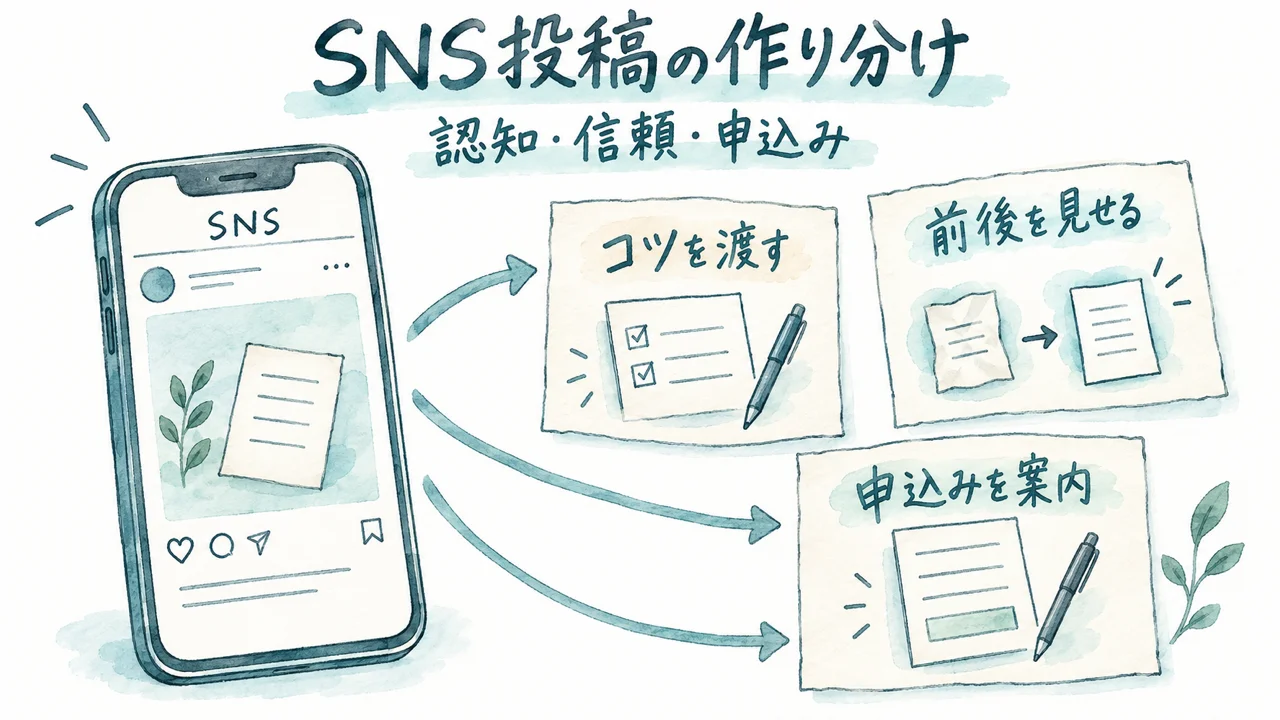 SNS投稿を認知・信頼・申込みの役割ごとに作り分ける図解