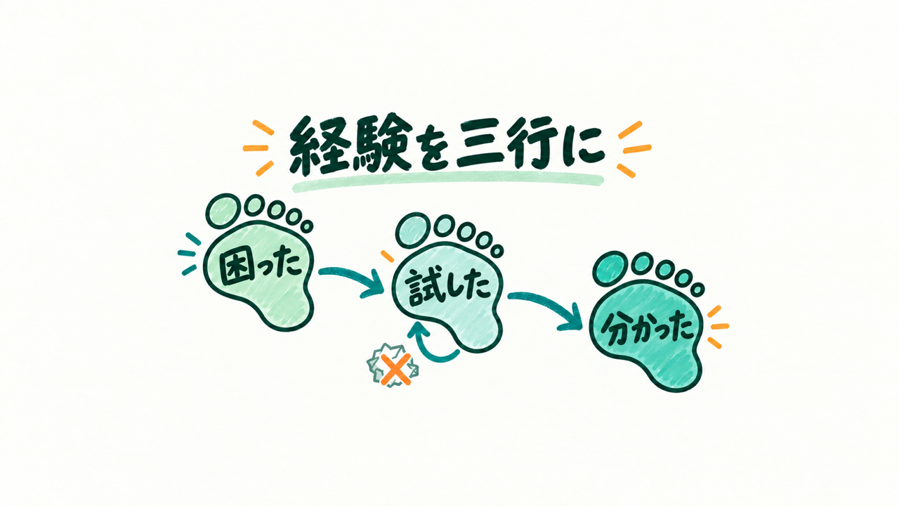 一つの経験を困った・試した・分かったの三行で記録する図