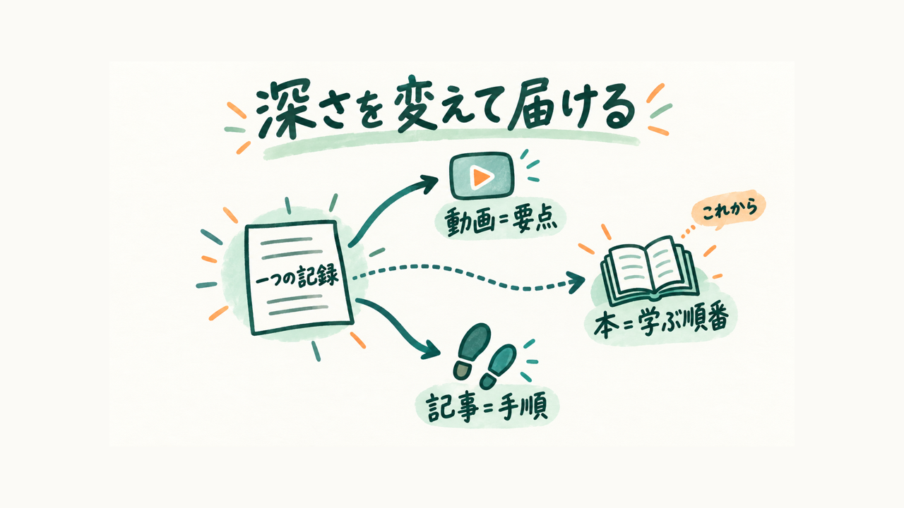 同じ記録を動画は要点、記事は手順、本は学ぶ順番へ編集する図
