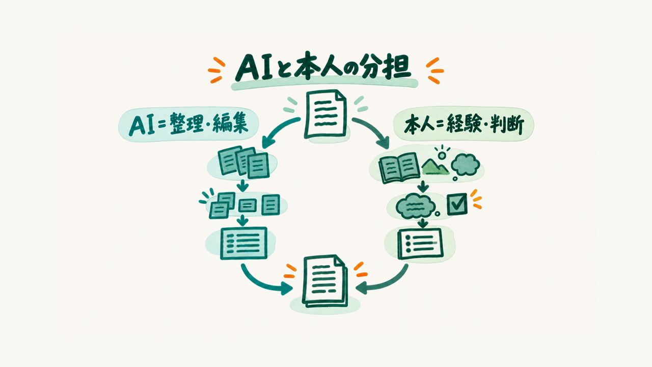 AIは整理編集、本人は経験判断を受け持つ役割分担の図