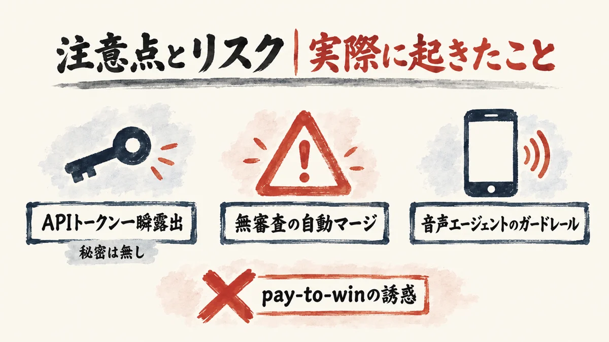 注意点とリスク。トークン露出と無審査マージ