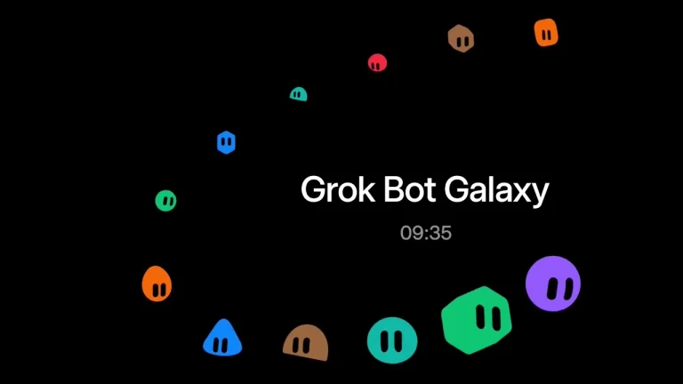 Grok Bot Galaxyのタイトル画面。カラフルなGrok Botたちが並ぶ