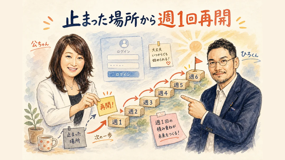 途中で止まったAI活用を週1回の実践で再開する流れ