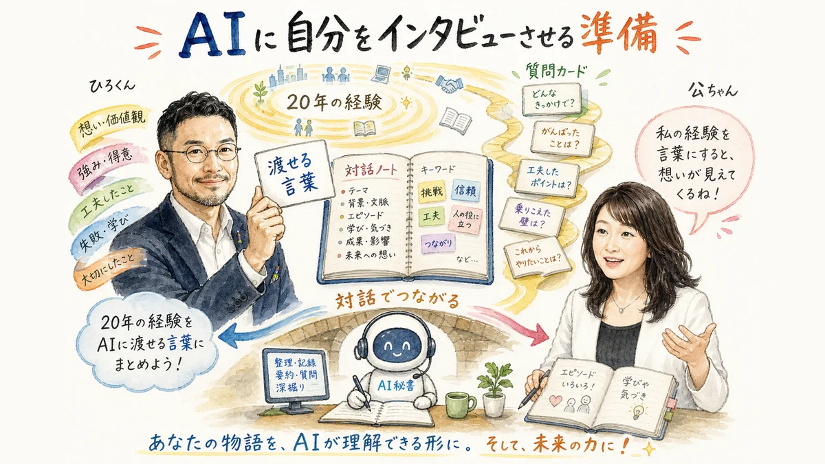 AIに自分をインタビューさせ、20年分の経験を言語化する流れ