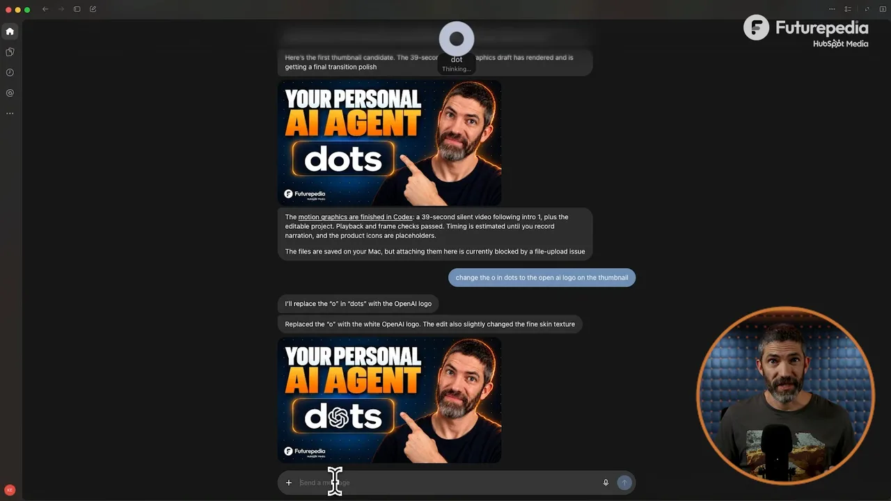 dotが別のスレッドで作ったサムネイル案と、dotsのoをOpenAIのロゴに差し替えた修正版