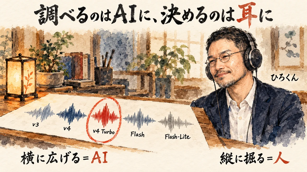 ひろくんコラム。調べるのはAIに、決めるのは耳に。5本の音声をヘッドホンで聴いて選ぶひろくん
