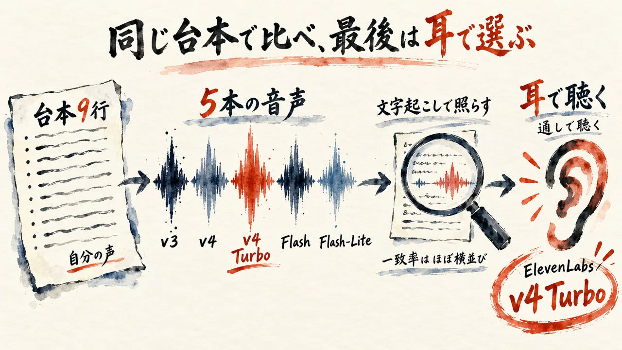 同じ台本9行を、自分の声で5本作って聴き比べた