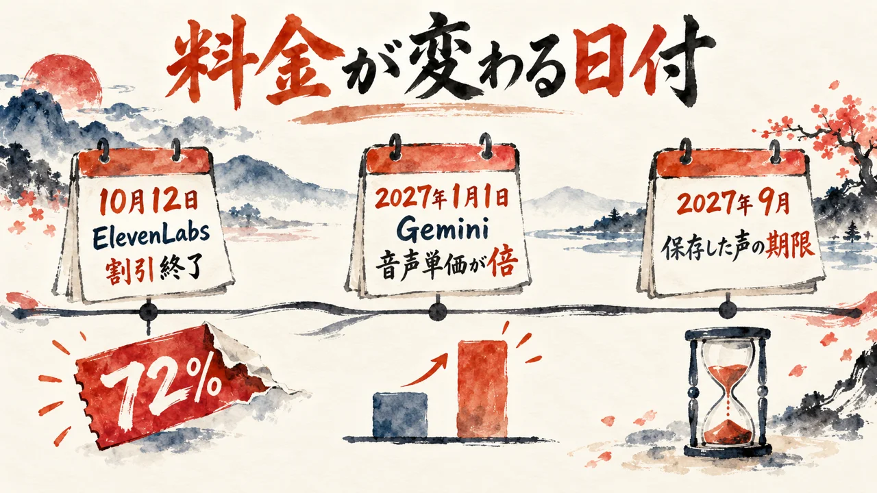 料金が変わる日付。ElevenLabsは10月12日、Geminiは2027年1月1日