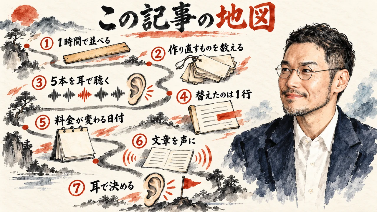 この記事の地図。料金を1時間で並べ、作り直すものを数え、5本を耳で聴いて、v4 Turboを選ぶまでの7章