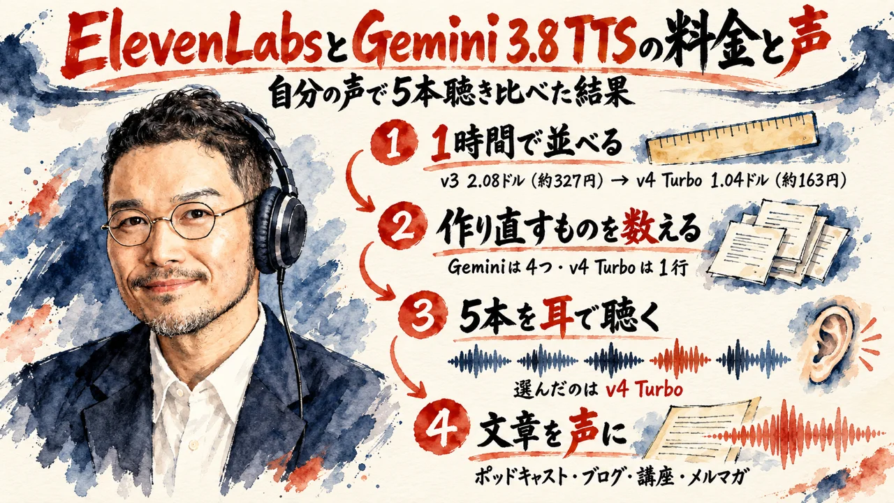 ElevenLabsとGemini 3.8 TTSの料金と声の図解