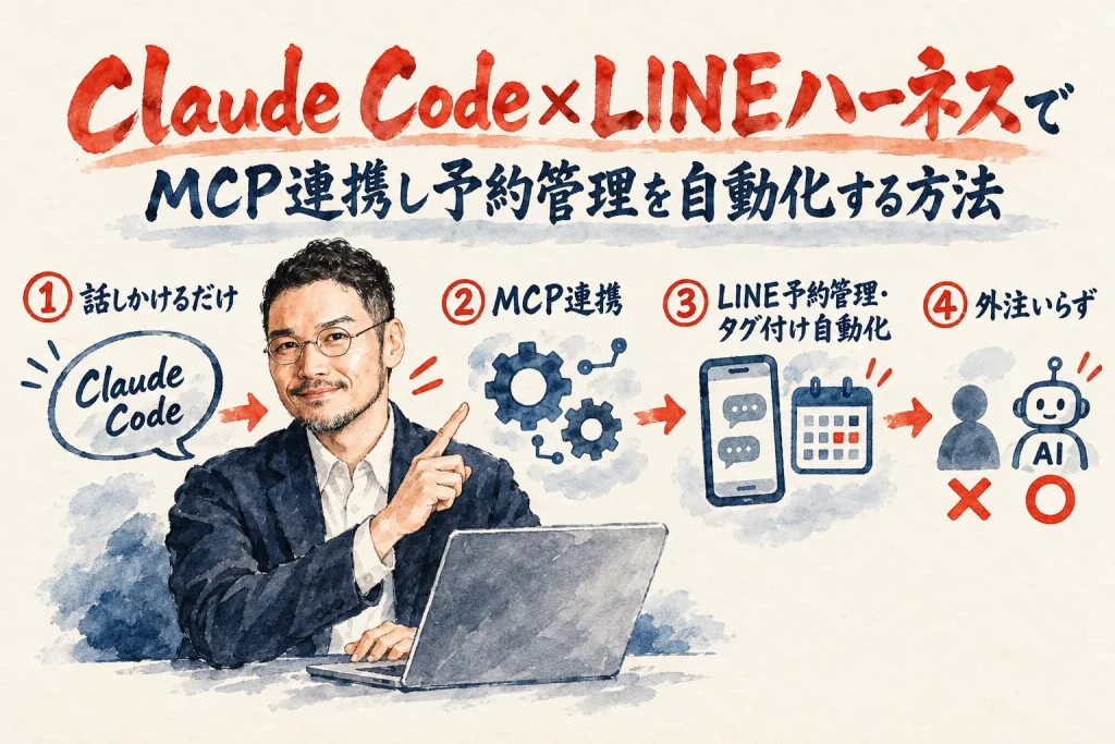Claude Code×LINEハーネスの全体構造を示すグラフィックレコーディング（アイキャッチ）