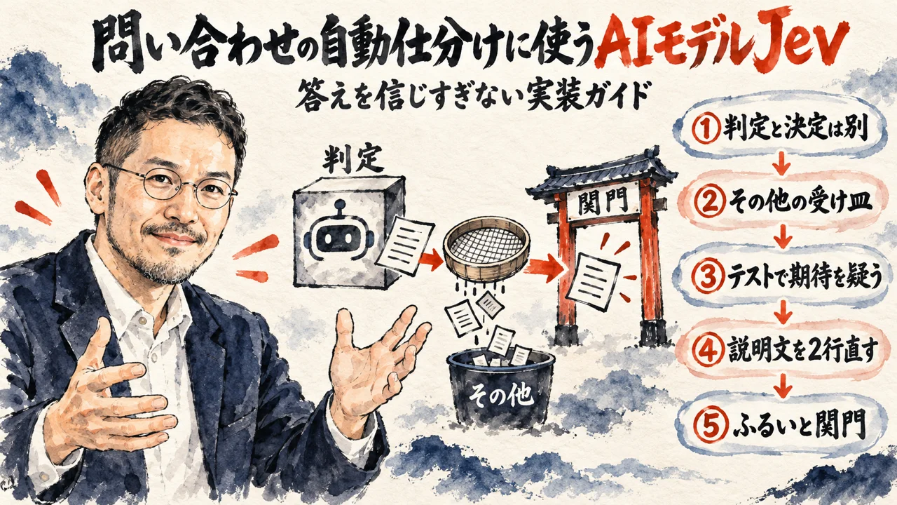 Jevの確信度と自動テストによる判定検証の図解