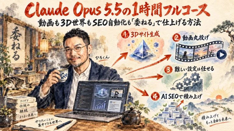 Claude Opus 5.5の1時間フルコースをJulian Goldieが実演した記事の全体図グラレコ